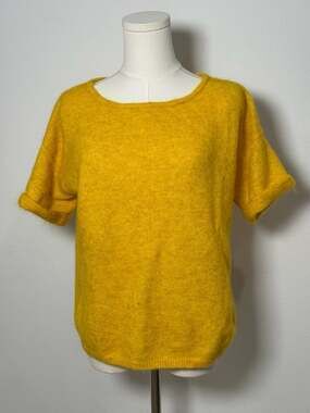 Sézane Abelia Short Sleeve Button Back Mohair Blend Sweater Yellow XS